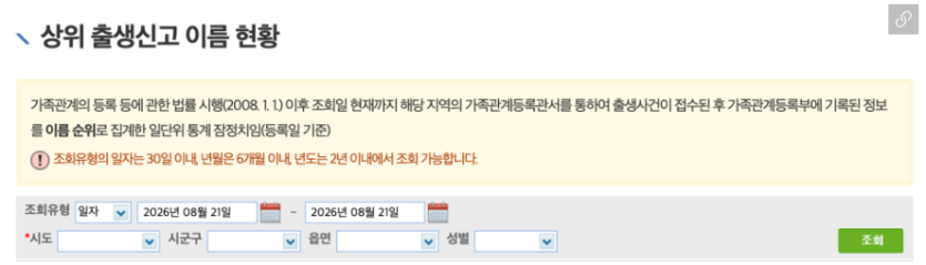 대법원 상위 출생신고 이름 통계 화면